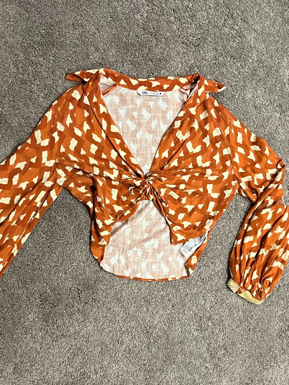 Zara Rust Orange and Cream Printed Tie-Front Top